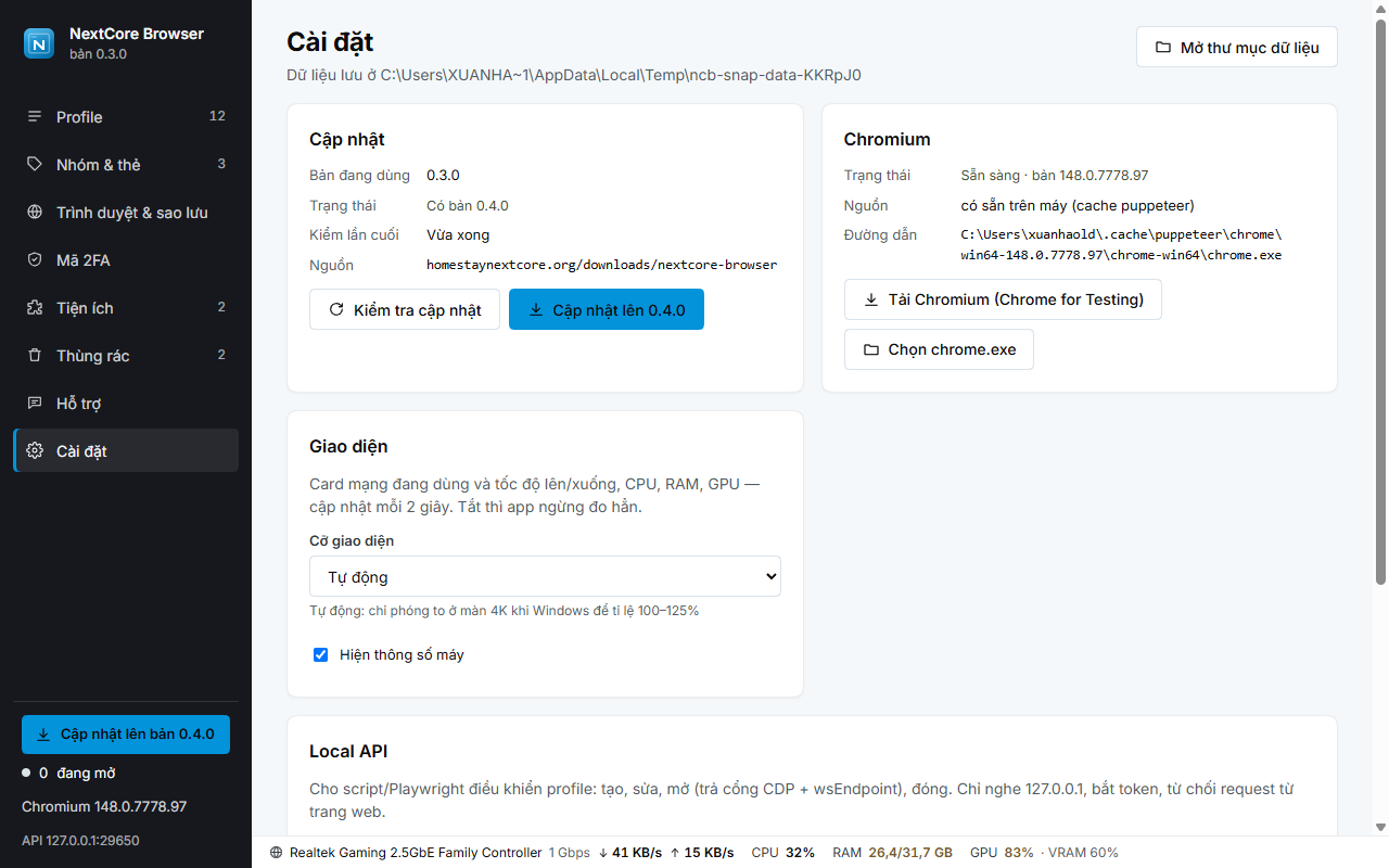 Cài đặt — Cập nhật, Giao diện, Chromium, Local API