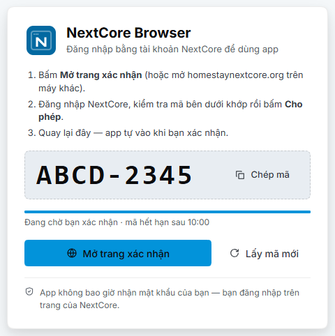 Màn Đăng nhập — mã thiết bị chờ xác nhận