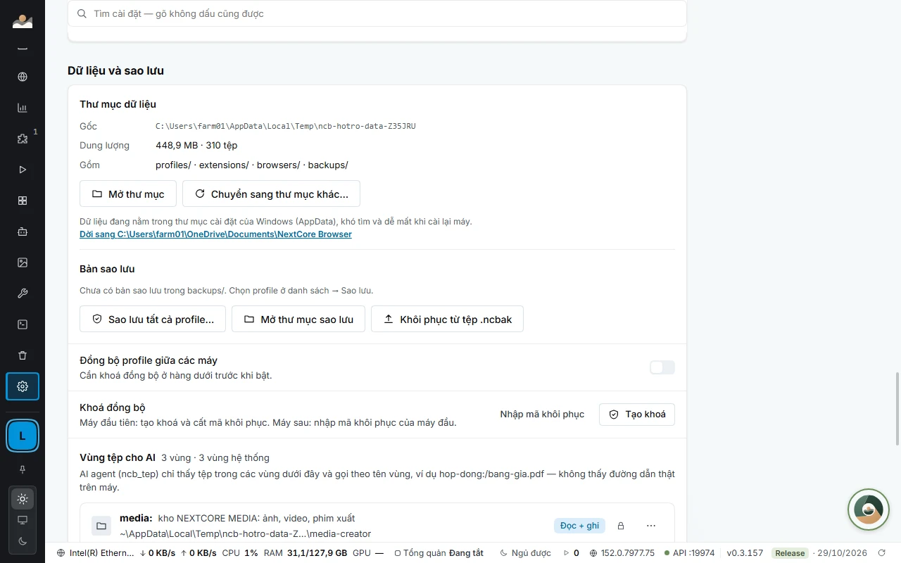SETTINGS › Dữ liệu và sao lưu: công tắc Đồng bộ profile giữa các máy và hàng Khoá đồng bộ