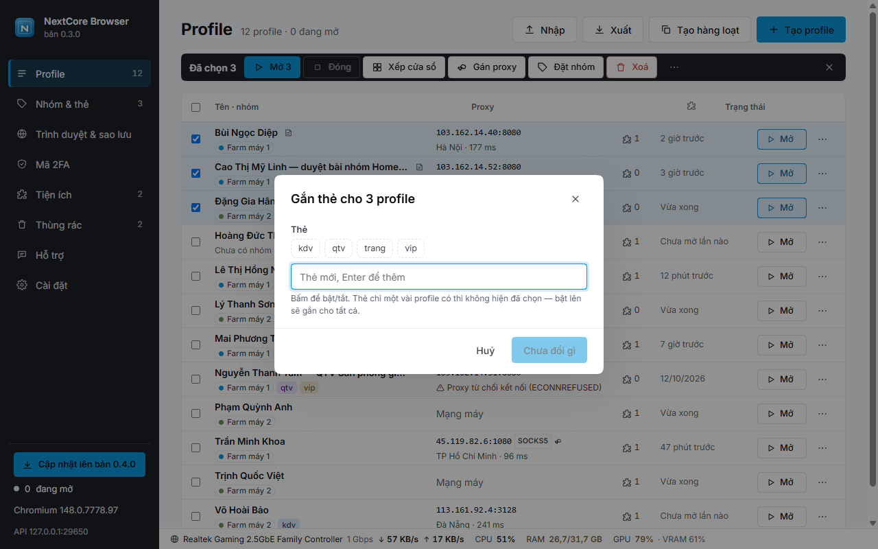 Gắn thẻ cho nhiều profile một lượt