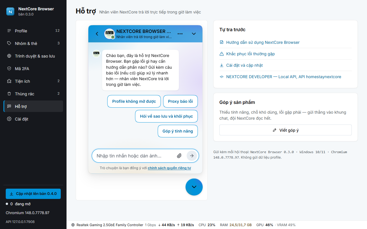 Hỗ trợ — chat trực tiếp với NextCore