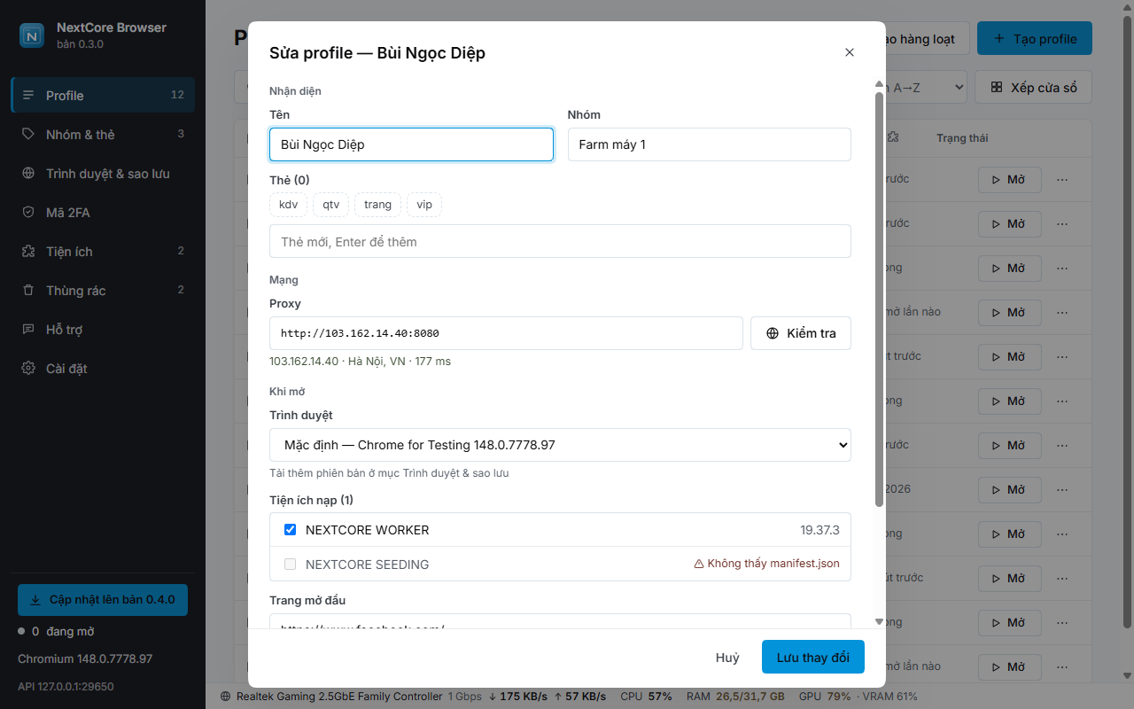 Hộp sửa profile — Nhận diện, Mạng, Khi mở