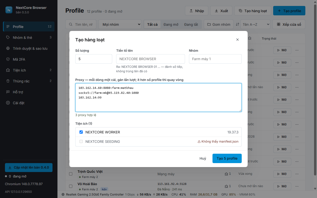 Tạo hàng loạt — đếm proxy hợp lệ, xem trước tên