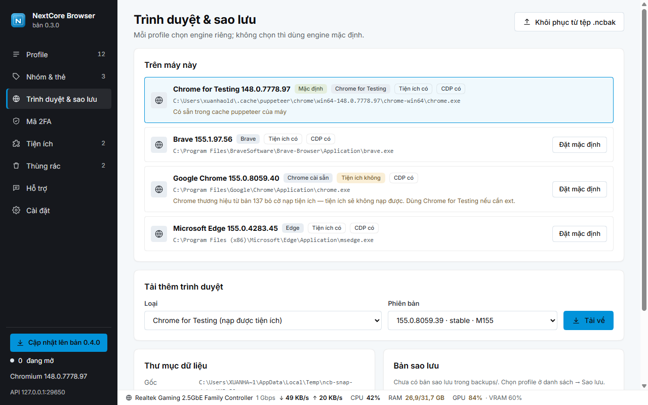 Trình duyệt trên máy và tải thêm phiên bản